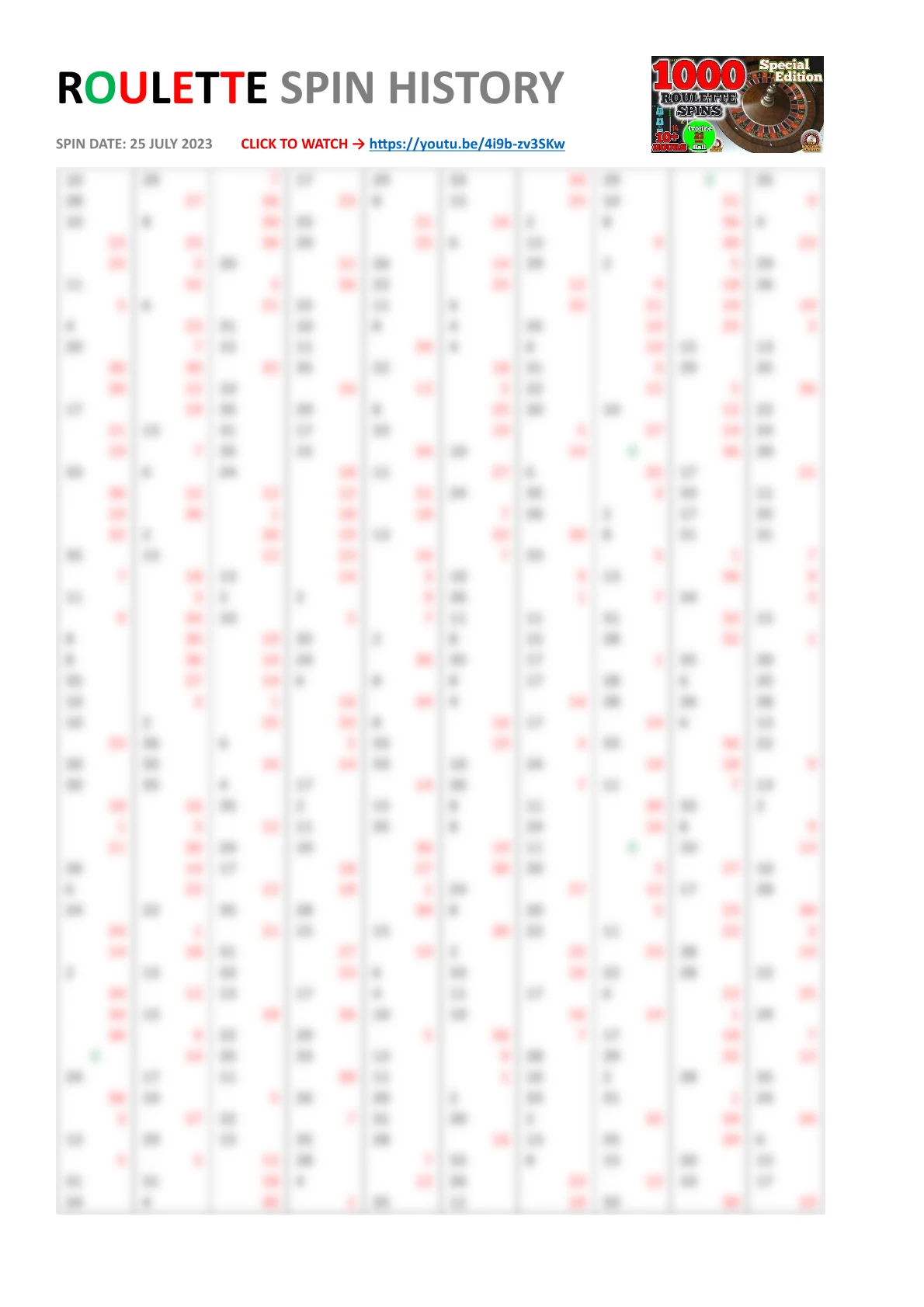 Spin History Database preview from 1000 Roulette Spins, image 1